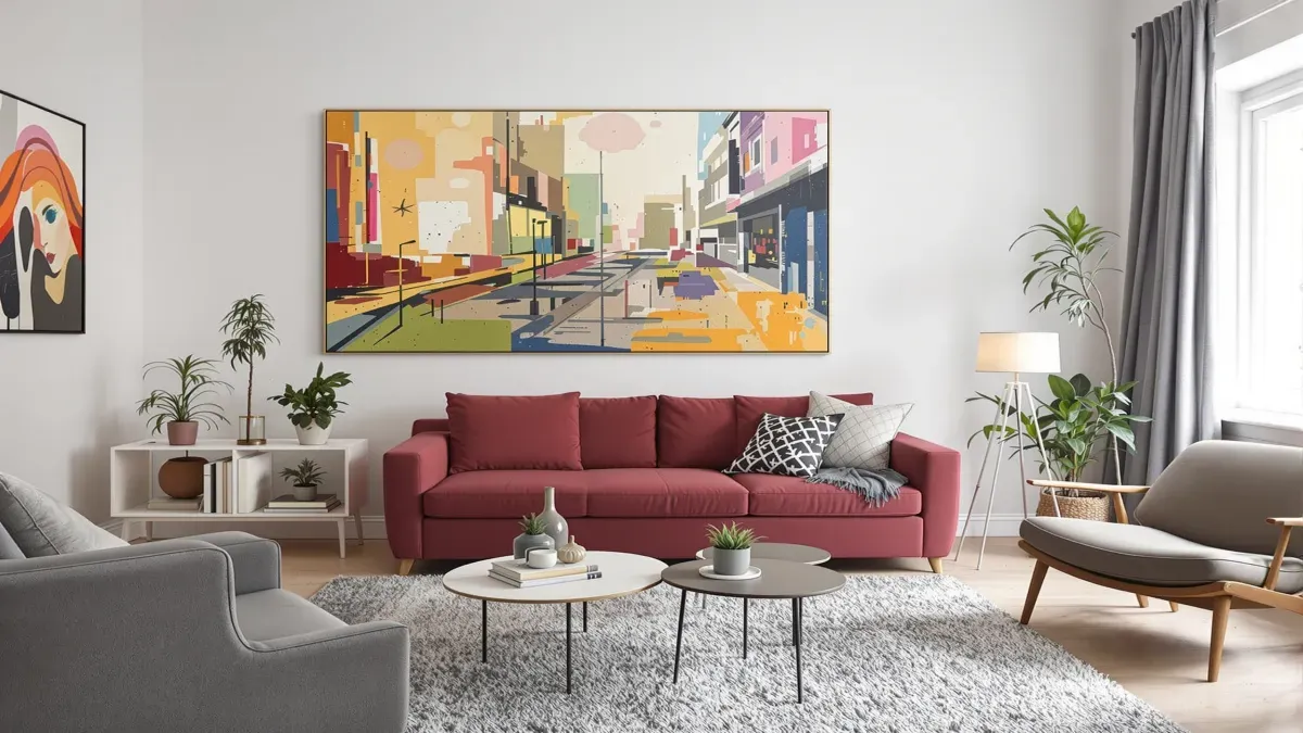 Salon moderne avec peinture abstraite colorée.