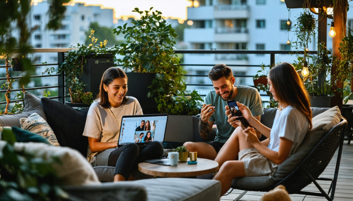 découvrez comment le balcon devient un espace unique où la vie connectée se mêle au partage en ligne, créant une scène étonnante de convivialité et d'interaction.