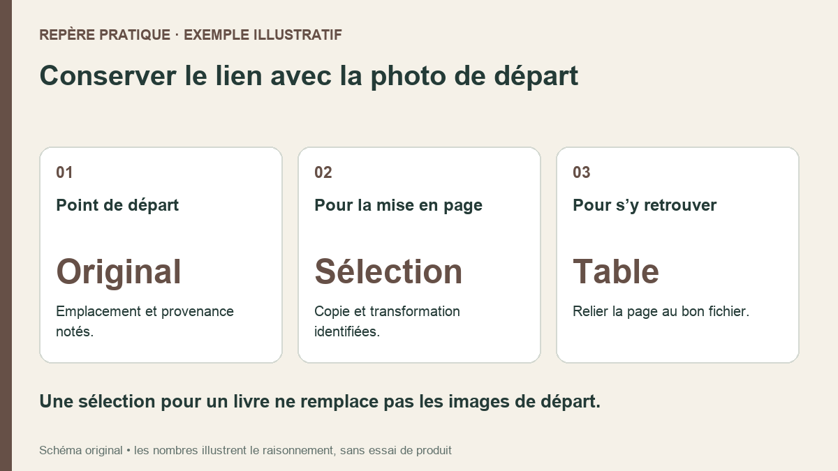 Trois cartes relient les originaux, les copies sélectionnées et la table de correspondance du livre photo.